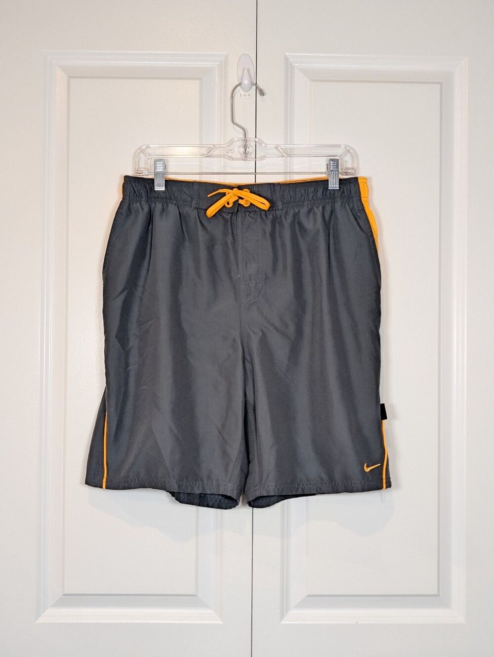 Nike Men's Swim Trunks Size L Gray Orange Swoosh Board Shorts Mesh Lined